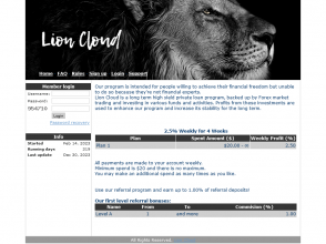 Lion Cloud - 2.5% weekly for 4 weeks, ROI: 10%;