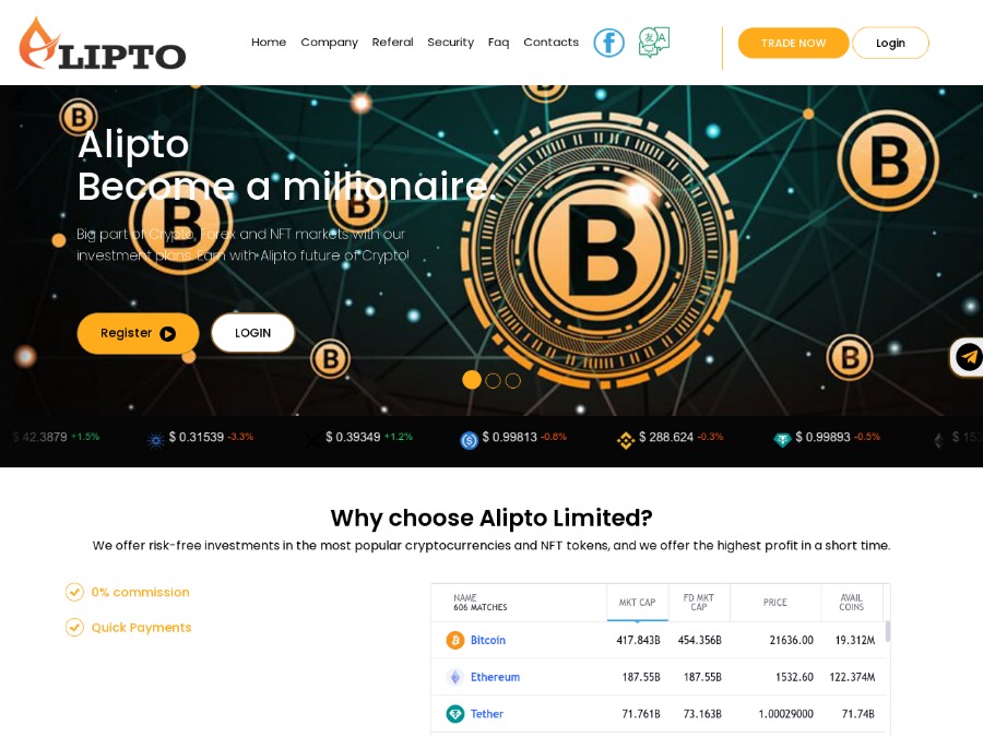 Alipto - 40% - 45% per month, invest in 1 or 2 plans, $10;