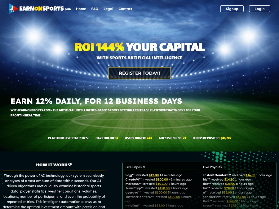 EarnOnSports - 12% daily for 12 business days;