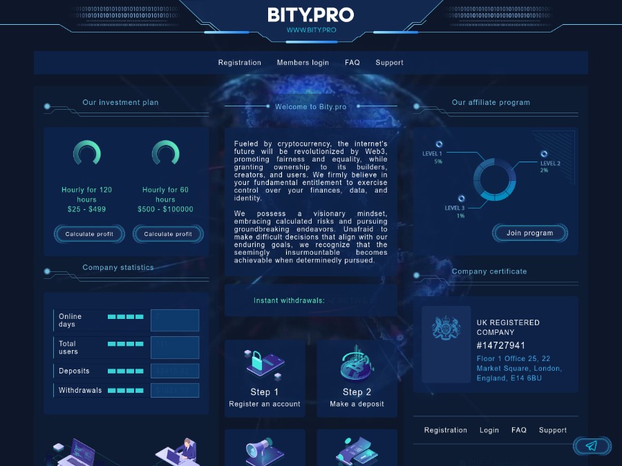 Bity Pro - 1% - 2% hourly for 60 - 120 hours, depo $25;