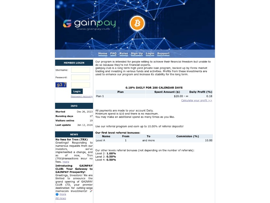 Gainpay - 0.18% daily for 200 calendar days, ROI: 36%;