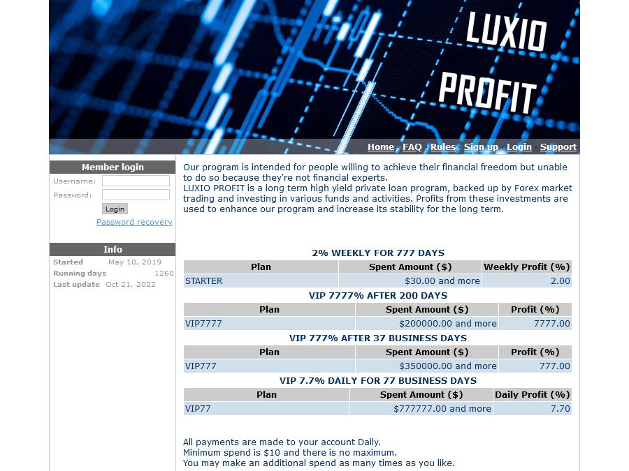 Luxio Profit - 2% weekly for 777 days, principal includ;